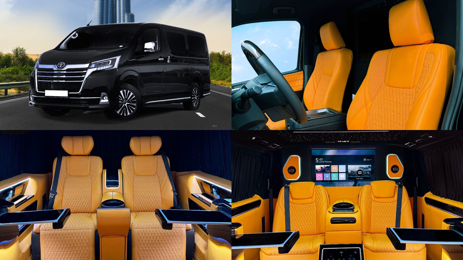Toyota Granvia VIP luxury interior conversion in Dubai with executive seating, ambient lighting, privacy features, and premium comfort upgrades