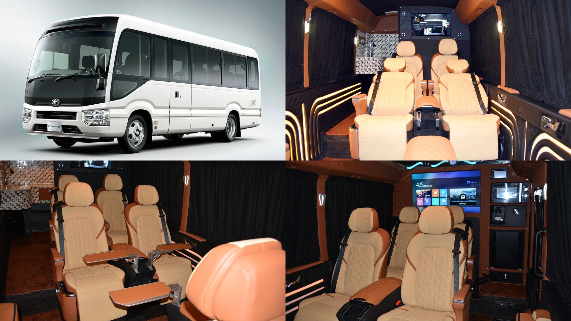 Toyota Coaster VIP luxury bus conversion in Dubai with executive seating, ambient lighting, and premium group transport interior