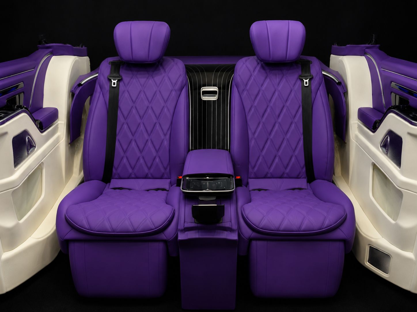 Purple leather Mercedes Vito back seats with diamond stitching